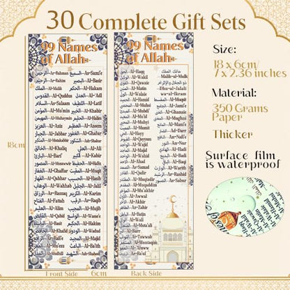 30 Sets 99 Names of Allah Bookmark Pens with Quran Writings Silicone Keys Chains Arabic English Bilingual Islamic Graduation Gifts Bulk for Quran Learning Reflecting on The Names of Allah
