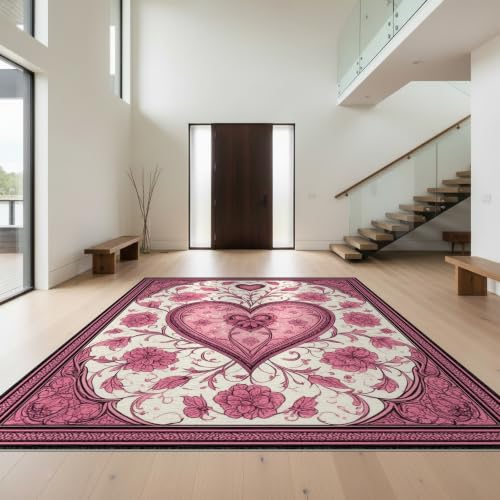 9'x12' Pink Black Heart Design Prayer Floral Washable Area Rug - color: Pink/Pattern 1, size: 9' x 12' (Rectangular)