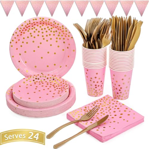 Pink and Gold Party Supplies 145PCS Golden Dot Paper Party Dinnerware Includes Paper Plates, Napkins, Knives, Forks, Cups, Banner, for Bachelorette, Girl Birthday, Baby Shower, Serves 24 - color: Pink Gold (Serves 24)