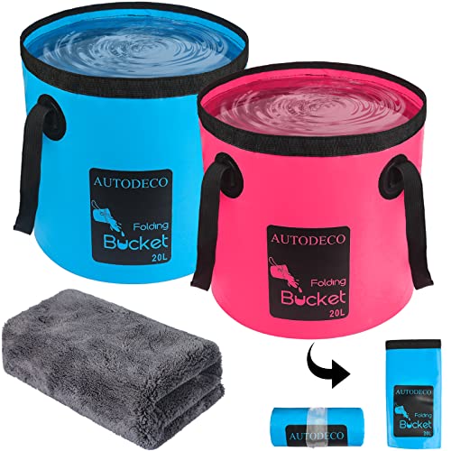 2 Pack Collapsible Bucket 5 Gallon Container Folding Water Bucket Portable Wash Basin for Outdoor Travelling Camping Fishing Gardening Car Washing 20L - color: Blue & Pink