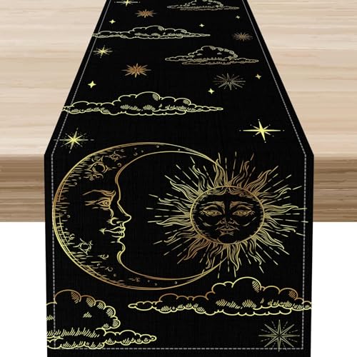 Sun Moon Table Runner, Boho Astrology Moonlit Starry Mystical Constellation Witchy Hippie Table Center Decor for Home Kitchen Dining Patio Holiday Party Indoor Outdoor Table Decorations, 13"x36" Inch - color: Moonlit-4, size: 13x36" Table Runner