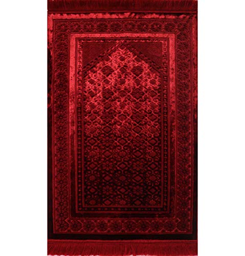 Modefa Velvet Prayer Rug - Soft Plush Turkish Janamaz Sajada Carpet for Men and Women - Plain Solid Prayer Mat Ramadan Eid Gift - with Prayer Beads - Luxury Floral Stamp (Red) - color: Red