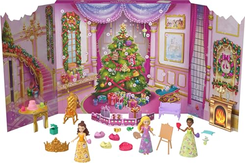 Mattel Disney Princess Doll Advent Calendar with 24 Days of Surprises, Including 3 Small Dolls, 3 Friends, 6 Fashions & 16 Accy Inspired by Movies