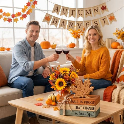 4 Pcs Fall Coffee Table Decorations Fall Tiered Tray Decor Thanksgiving Centerpiece Rustic Wooden Hot Cocoa Cup Maple Leaves Pumpkin Block Sign for Autumn Harvest Bar Kitchen Shelf Home - style: Fall Leaves