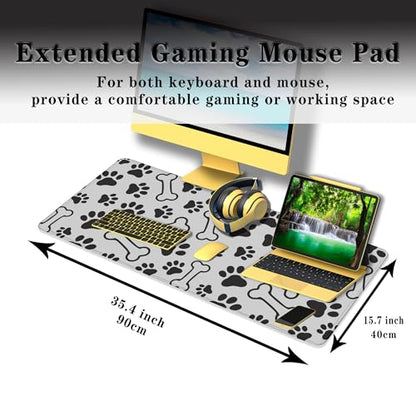 Desktop Mats Laptop Desk Mat Gaming Mouse Pad Extra Large Mouse Pads Computer Mats Office Pad Waterproof Non-Slip Rubber Base 35.4 X 15.7 for Game Office, Dogs Paws and Bones - color: Dogs Paws And Bones
