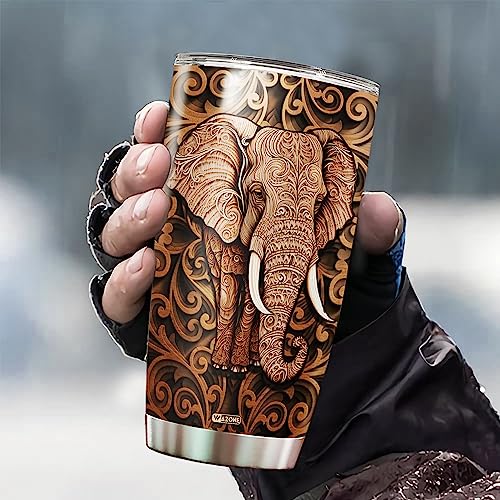 WAZONE Personalized Elephant Tumbler Cup With Lid Animal 20oz 30oz Stainless Steel Wooden Drawings Insulated Coffee Travel Mug Custom Name Customized Gifts For Elephants Lover Men Women Teen - color: Elephant