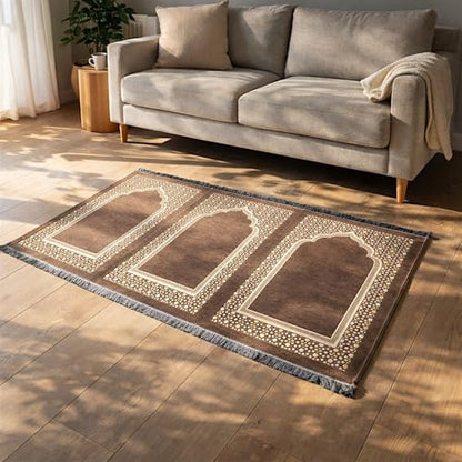 Muslim Thin Chenille Islamic Prayer Mat - Selcuk Star 3 Person (Beige) - color: Beige