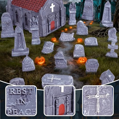 Rileryan 20 PCS Miniature Gravestone Tombstones Figurines | DIY Graveyard Cemetery Scenes Gargoyle Church for Halloween Village Decorations Accessories Haunted Scenery Terrain
