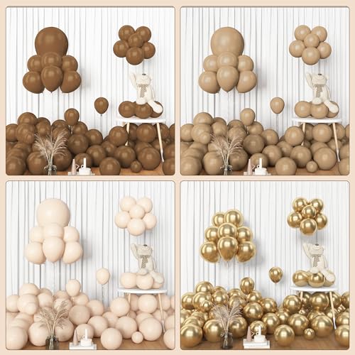Amandir 153피스 브라운 풍선 가랜드 아치 키트 다양한 사이즈 45.7cm(18인치), 30.5cm(12인치), 25.4cm(10인치), 12.7cm(5인치), 브라운 레트로 살구 라텍스 메탈릭 컨페티 골드 풍선 뉴트럴 베어 샤워 사파리 생일 파티 장식 용품 - color: 브라운.