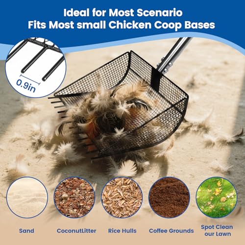 Chicken Poop Scooper for Sand, 2-in-1 Rake & Pooper Scooper with Large Sifting Shovel, Adjustable Stainless Steel Handle (36"-62"), Chicken Coop Litter Scoop & Cleaning Tool for Farm Animals
