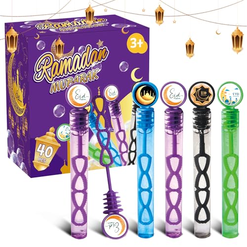 40Pcs Eid/Ramadan Mubarak Bubble Wands, Mini Bubble Wands for Eid Party Favors, Islamic Gift Toys for Girls Boys Kids Toddler Adults, Party Bag Stuffers Goodie Bag Filler, Classroom Prizes - size: 4 inches