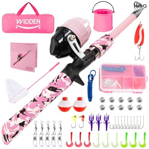 WIDDEN Kids Fishing Pole, Portable Telescopic Kids Fishing Poles for Boys and Girls, Fishing Rod and Reel Combo Kit with Tackle Box, and Fishing Net, Best Fishing Pole for Toddler Youth - color: Light Pink