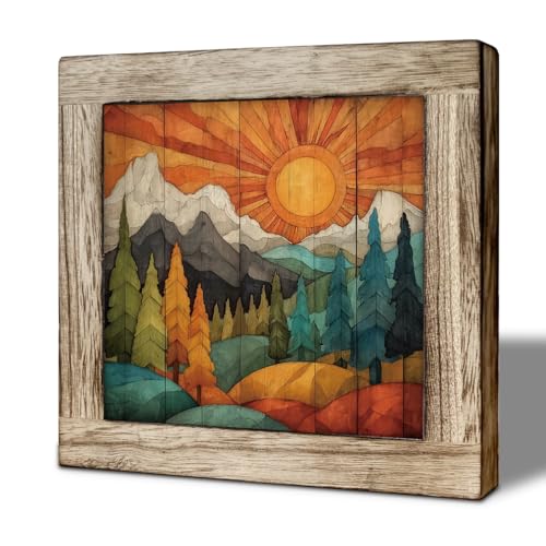 Vintage Mountain Sunrise Wooden Sign, Forest Pine Tree Landscape Decor for Desk Shelf Table, Rustic Nature Wood Plaque for Cabin Lodge Home Decor - color: color36