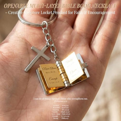 Bible Verse Keychain, Openable Scripture Book Keyring with Cross Charm, Christian Gifts for Women Men, Religious Faith Jewelry, Inspirational Graduation Baptism Birthday Gift (Silver & Gold)