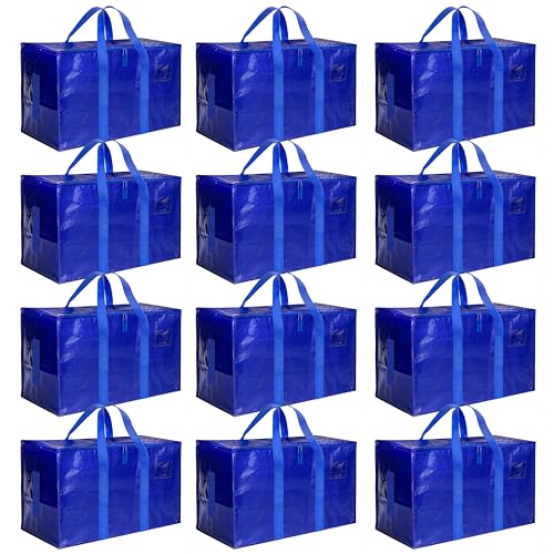 HealSmart 12 Pack Large Moving Bags with Zippers & Handles, Moving Supplies with lids, Heavy Duty Totes for Space Saving, Fold Flat, Moving and Storing, Blue - color: Blue, size: 12-Pack, style: Carrying Handle
