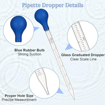 3Pcs Glass Pipettes Dropper, 10ml Graduated Liquid Dropper with Rubber Bulb for Laboratory, Medicine, School, Food, Research