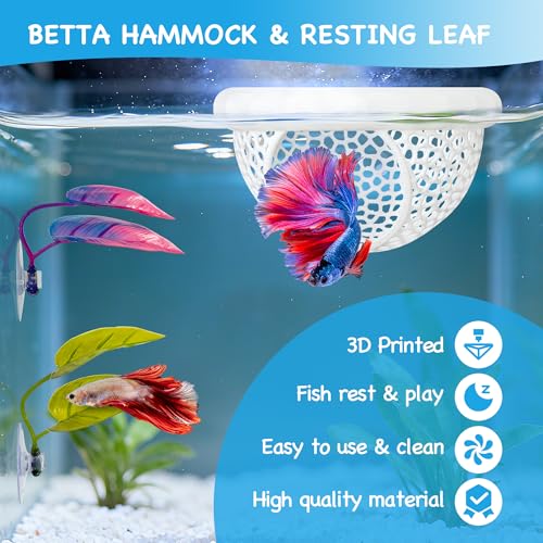 3-in-1 Floating Betta Hammock Cave & Betta Leaf Pad with Shrimp Feeder - 3D Printed Aquarium Decor, Feeding Ring, Hideout & 2 Resting Leaf Pads for Beta, Shrimp & Small Fish，3PCS
