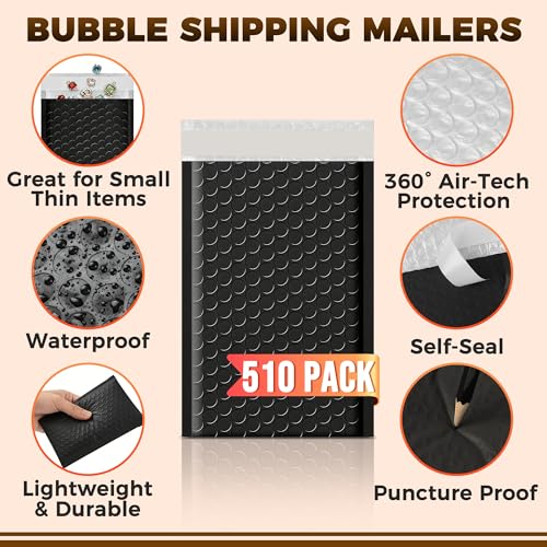 510-Pack Bubble Mailer 4'' x 8'' - Self-Sealing Waterproof Small Mailing Envelopes Padded Lightweight Shipping Bags for Accessories, Small Parts, Jewelry, Trading Cards, Compact Items 4x7 Usable Space - color: Black - 510 Pack
