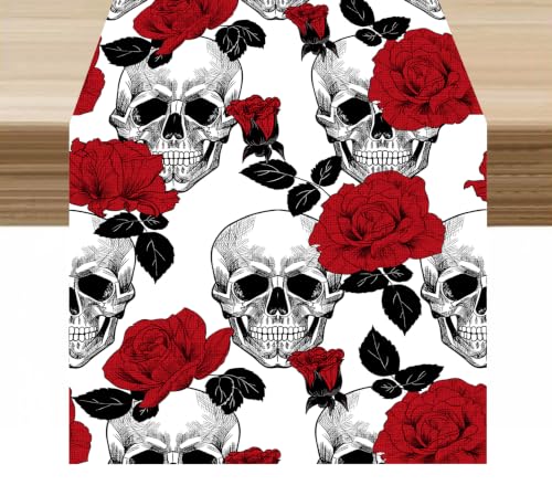 Skeleton Table Runner Rose Watercolor Skull Halloween Pattern Decor for Indoor Outdoor Party Dinner Festival Farmhouse Holiday Home Kitchen Dining Room, 13x36in - color: Skeleton-red, size: 13x36in