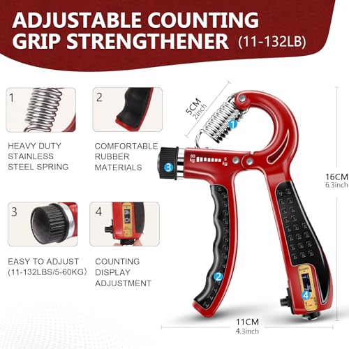 13 PCS Grip Strength Trainer Kit, Hand Gripper Strengthener, Forearm Strengthener, Finger Strengthener, Finger Exerciser, Stress Relief Ball - color: Red