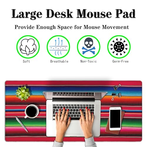 Desktop Mat Colorful, Desk Mouse Pad Gaming Desk Mats, Office Items Non-Slip Rubber Base Waterproof with Stitched Edges, 35.4 X 15.7 inch for Work/Game/Office/Home Mexican Stripes Style - color: Mexican Stripes Style