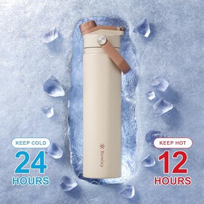 24 oz Insulated Water Bottle, 2-in-1 Lid, Straw & Spout with Protected, Leak Proof, Keep Cold 24H, Cup Holder Fit, Stainless Steel, Metal, Reusable, for Travel, Gym and School, 2 Lids, Mousse - color: Mousse, size: 24 Ounces