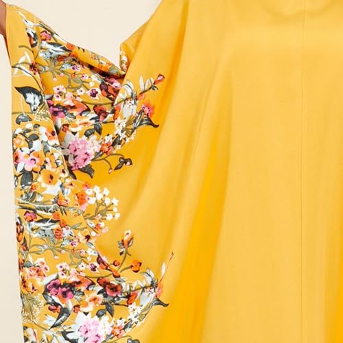 IDOPIP Abayas for Women Muslim Ramadan Dress Long Sleeve Floral Maxi Moroccan Kaftan Dress Loose Islamic Dubai Pakistani Robe - color: Yellow