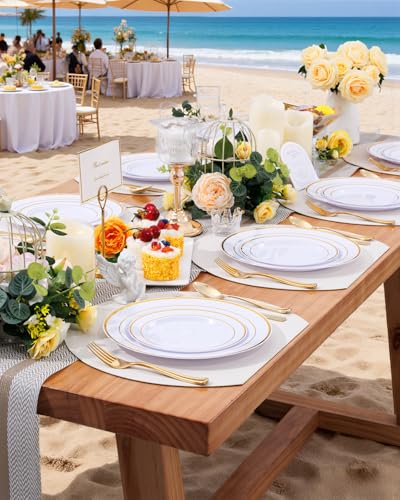 Supernal 60PCS Gold Plastic Dinnerware Set (Service for 12 Guests) - Heavy Duty White Gold Plates with Disposable Silverware for Graduation Party, Summer Wedding, BBQ & Birthday - color: 60pcs White and Gold Plastic Dinnerware set