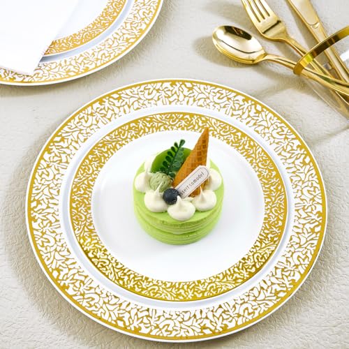 150 Count Gold Plastic Dinnerware Set, Elegant Disposable Include: 25 Gold Lace Plastic Plates, 25 Dessert Plates, 25 Forks, 25 Knives, 25 Spoons, 25 Cup, Ideal for Party, Birthday and Thanksgiving