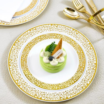 150 Count Gold Plastic Dinnerware Set, Elegant Disposable Include: 25 Gold Lace Plastic Plates, 25 Dessert Plates, 25 Forks, 25 Knives, 25 Spoons, 25 Cup, Ideal for Party, Birthday and Thanksgiving