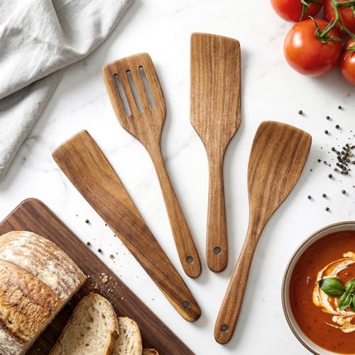 Best Non Toxic Wooden Spatula for Cooking Utensil Set Acacia Wood Spatula Set of 4, Bamboo Cooking Spoon Flat Slotted Turner Spatulas for Kitchen Use Cast Iron Scraper Spurtle Thin Egg Flipper Spatula - color: 4Pcs-Spatula