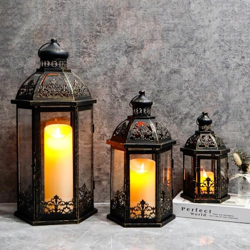TRIROCKS Set of 3 Black & Gold Metal Candle Lanterns, 19/13.5/9.5 in Decorative Hanging Lantern Candle Holders with Tempered Glass forPorch, Patio, Wedding & Home Decor(Black with Gold Brush) - color: 19''&13.5''&9.5" H Black