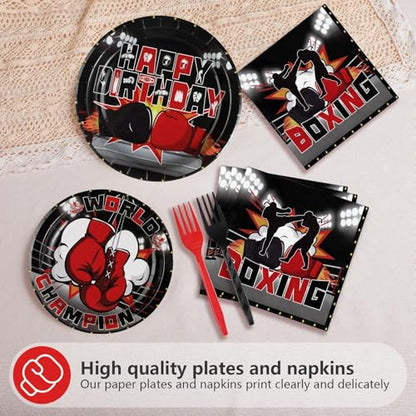 Grencian 96Pcs Boxing Birthday Party Supplies World Champion Plates and Napkins Fight Sports Wrestling Tableware Set for Boxing Birthday Party Supplies Serves 24 - style: Boxing Birthday