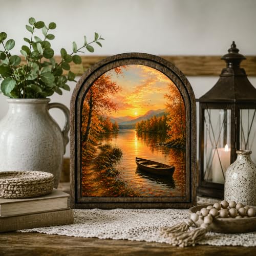 Autumn Lake Arched Decor, Rustic Landscape Table Sign - color: Autumn Lake Sunset