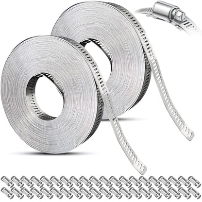Hose Clamps Stainless Steel, Hose Clamp Assortment Kit, 32.81FT DIY Large Adjustable Worm Gear Metal Clamps Fuel Line Clamp with 40 Fasteners for Plumbing, Water Pipe, Radiator, Automotive, Mechanical - size: 2 Set - 10 m Metal Strap + 40 Fasteners