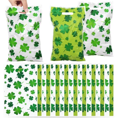 40pcs St. Patrick's Day Four-leaf Clover Gift Bags with Die Cut Handle, Green and White Double-side Color Print Lucky Cellophane Plastic Candy Cookie Treat Goodies Bag Saint Patricks Day Party Favor