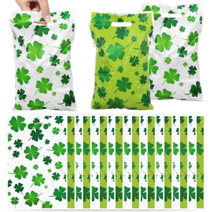 40pcs St. Patrick's Day Four-leaf Clover Gift Bags with Die Cut Handle, Green and White Double-side Color Print Lucky Cellophane Plastic Candy Cookie Treat Goodies Bag Saint Patricks Day Party Favor