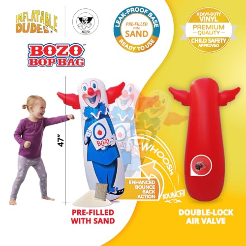 INFLATABLE DUDES Bozo the Clown 47 Inches – The Original Bop Bag Design | Kids Punching Bag | Already Filled with Sand | Punching Bag for Kids | Target | His Nose Squeaks! - (Officially Licensed)