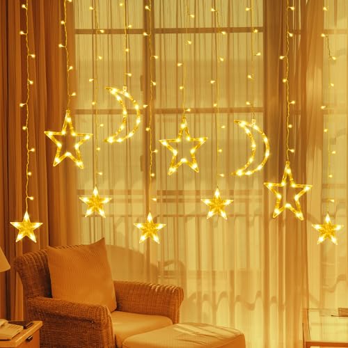 Fussion Star and Moon Ramadan Lights 11.48ft, 138 LEDs Ramadan Curtain String Lights Decorations for Home with Remote, 8 Modes, Battery Operated Fairy Lights Window Lights for Indoor Outdoor Holiday