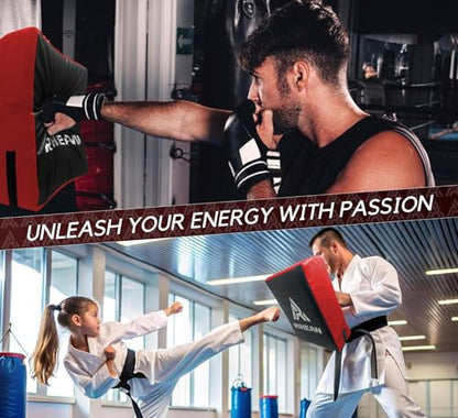 Martial Arts Kicking Shields - Kick Pad for Muay Thai, Taekwondo, Football, Basketball, Hockey Training - Denser Foam, Long Lasting PU Leather Kick Shield - style: 16x12in Red