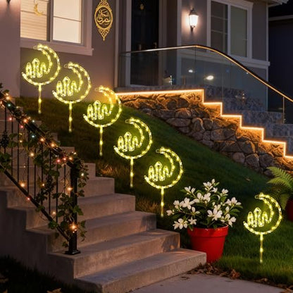 Aurelema 6 Pack Ramadan Mubarak Outdoor Decoration Lights Eid Outside Patio Pathway Landscape Lights Yard Stake Driveway Lawn Walkway Decoration Star Moon for Eid Mubarak Ramadan Party Favors Gifts