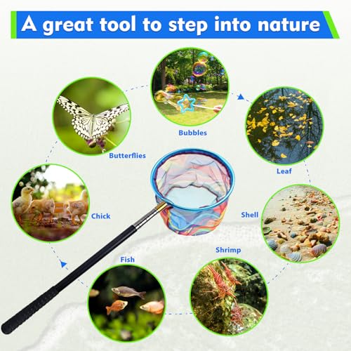 2PCS Kids Fishing Nets with Bucket - Telescoping Handle Retractable Landing Net Lightweight Aluminum Pole for Catch and Release Frog, Minnow, Butterfly, Crab, Beach and Creek Outdoor - color: BLUE