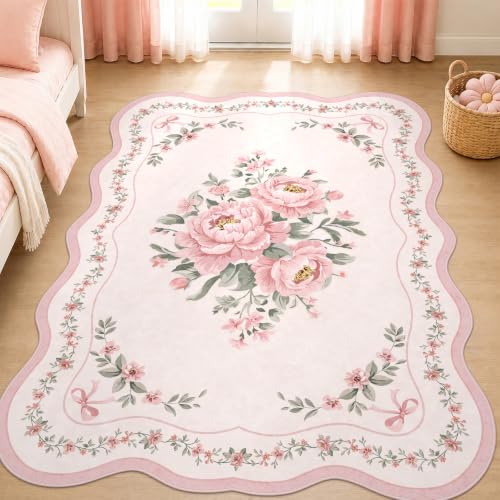 Scalloped Pink Floral Rug for Bedroom Girls, 5x7 Washable Area Rug for Nursery, Soft Low Pile Non-Slip Carpet for Playroom, Dorm or Kids Room - color: Pink, size: 5' x 7' (Rectangular)
