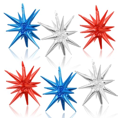 Red Blue Silver Star Balloons, 6PCS 22 Inch Foil Explosion Star Balloons - color: Dark Blue Red Silver