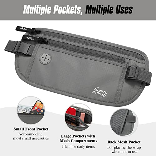MoKo Travel Money Belt with RFID Blocking, 3 Pockets, Gray | Slim 210D water-resistant nylon design fits discreetly under clothing; adjustable strap fits 28-50 in waists - color: Gray, size: Waist for 28"-50"