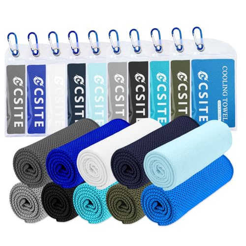 CSITE 10 Pack Cooling Towels (47"x12") for Neck and Face, Ice Towel for Hot Weather, Soft Breathable Chilly Gym Towels, Microfiber Towel for Work Out, Yoga, Running, Camping & More Activities - color: Light Gray/Dark Gray/Navy Blue/Navy Green/Black/White/