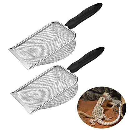 2pcs Cat Litter Scoop, Portable Reptile Sand Scooper, Stainless Steel Fine Mesh Scoop Shove-l for Litte-r Box, Sand Bedding, Easy to Clean and Durable(Color:Silver)