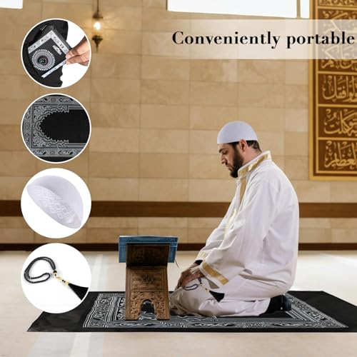 Kufi Hats for Men with Portable Travel Prayer Mat Islam and Tasbih Prayer Beads Set,Islamic Gift,Muslim Gifts,Eid Mubarak Gifts,Ramadan Gifts,Muslim Prayer Rug,Muslim Cap,Muslim Prayer Beads Set