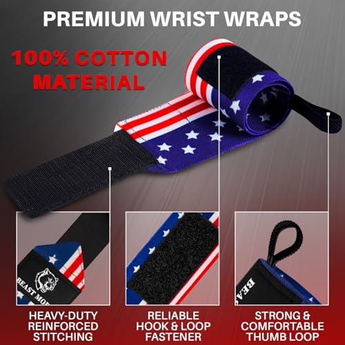 TECEUM Weightlifting 18" & 12" Wrist Wraps with Thumb Loop – Heavy Duty Wrist Workout Braces for Men and Women – Ideal for Powerlifting, Strength Training, Bodybuilding - color: US Flag, style: 12" – Arms on Fire