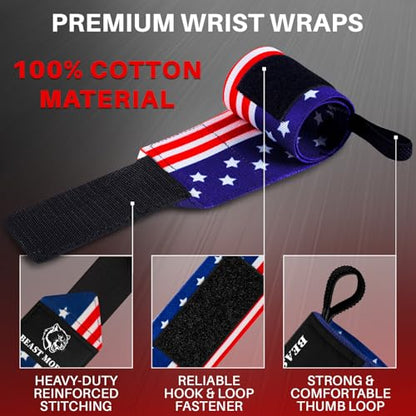 TECEUM Weightlifting 18" & 12" Wrist Wraps with Thumb Loop – Heavy Duty Wrist Workout Braces for Men and Women – Ideal for Powerlifting, Strength Training, Bodybuilding - color: US Flag, style: 18" – Beast Mode